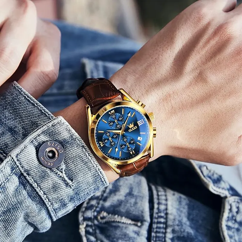 OLEVS 2872 Men's Chronograph Blue Dial Leather Watch